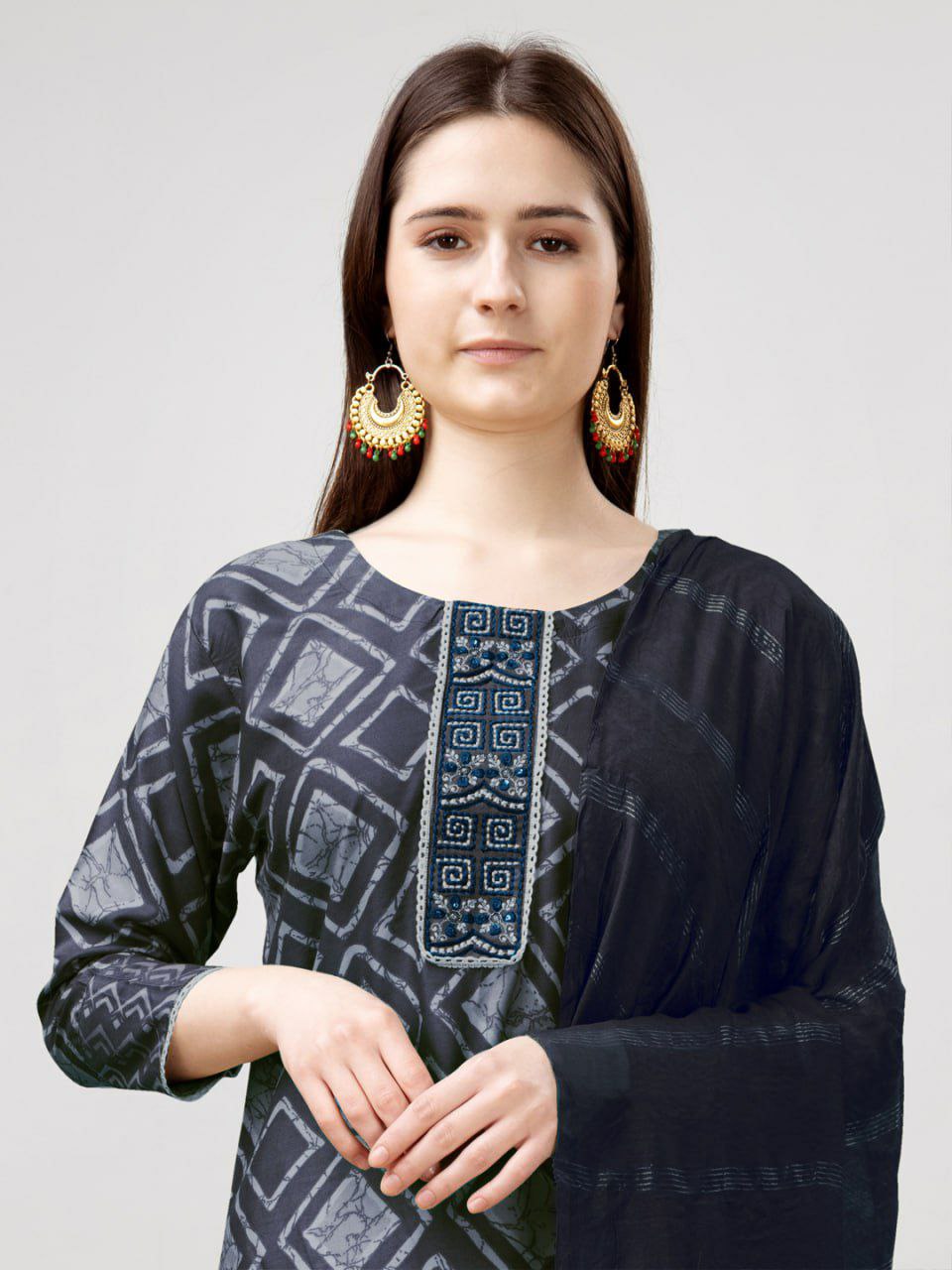 "Elegant Grey Rayon Kurti with Embroidery, Lace Details, Rayon Pants & Silk Blend Dupatta"