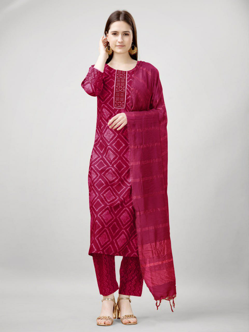 "Elegant Grey Rayon Kurti with Embroidery, Lace Details, Rayon Pants & Silk Blend Dupatta"