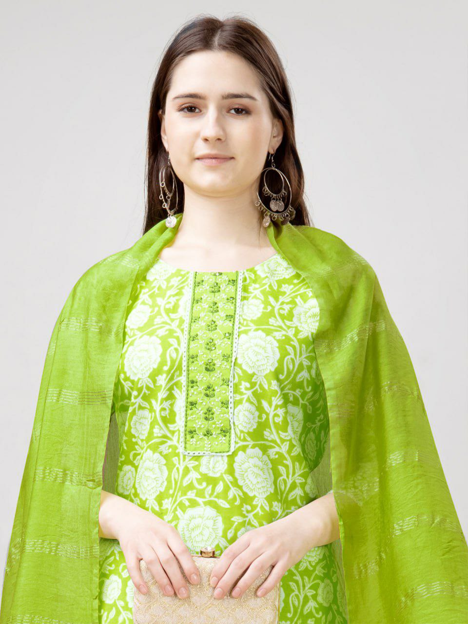 "Elegant Parrot Green Rayon Kurti Set with Embroidery, Fancy Lace, and Silk Blend Dupatta"