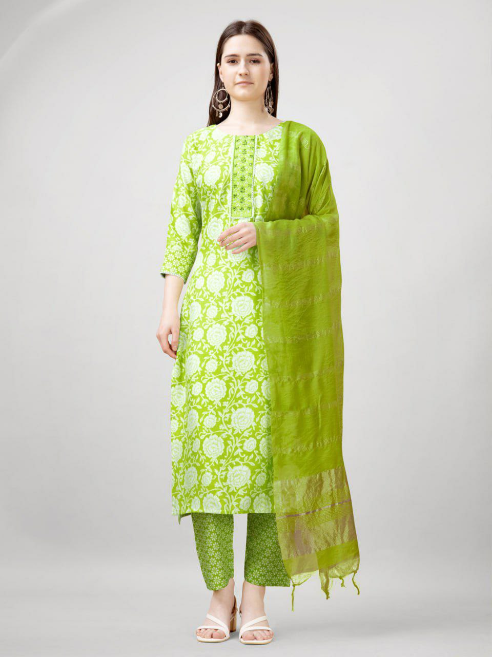 "Elegant Parrot Green Rayon Kurti Set with Embroidery, Fancy Lace, and Silk Blend Dupatta"