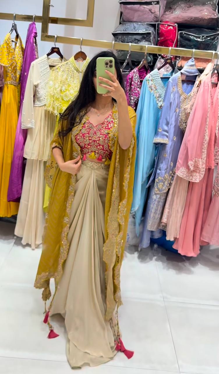 "Elegant Sequence Embroidered Ensemble: Tube Blouse, Draped Skirt & Shrug"