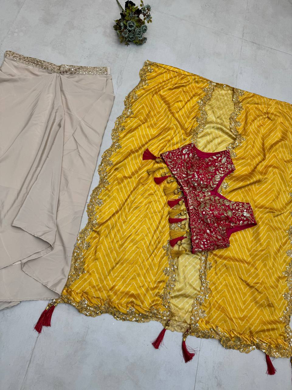 "Elegant Sequence Embroidered Ensemble: Tube Blouse, Draped Skirt & Shrug"