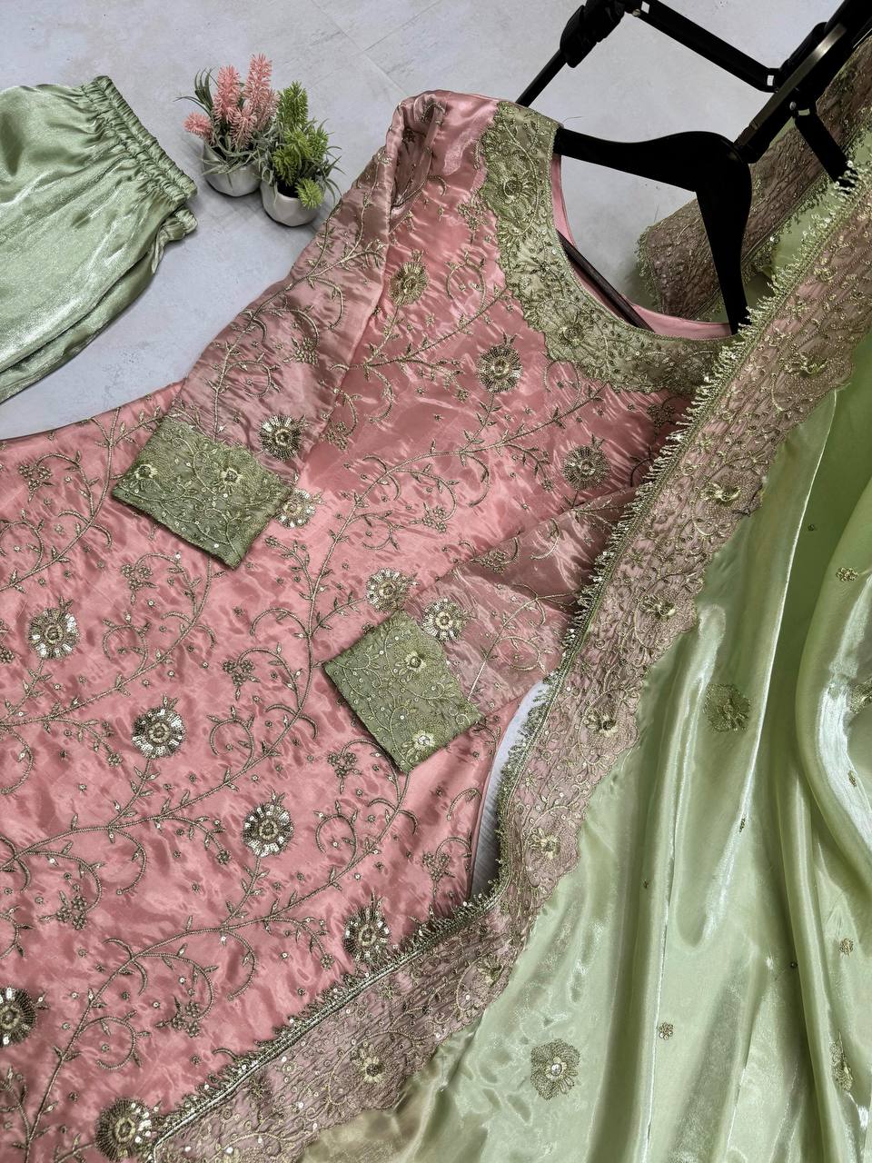 "Elegant Jimmy Choo Sequence Embroidered Ensemble with Dupatta & Pant Set"