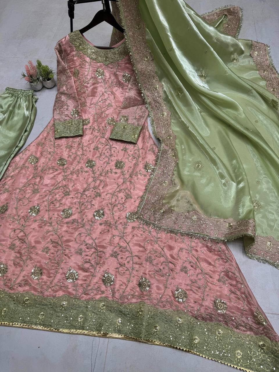 "Elegant Jimmy Choo Sequence Embroidered Ensemble with Dupatta & Pant Set"