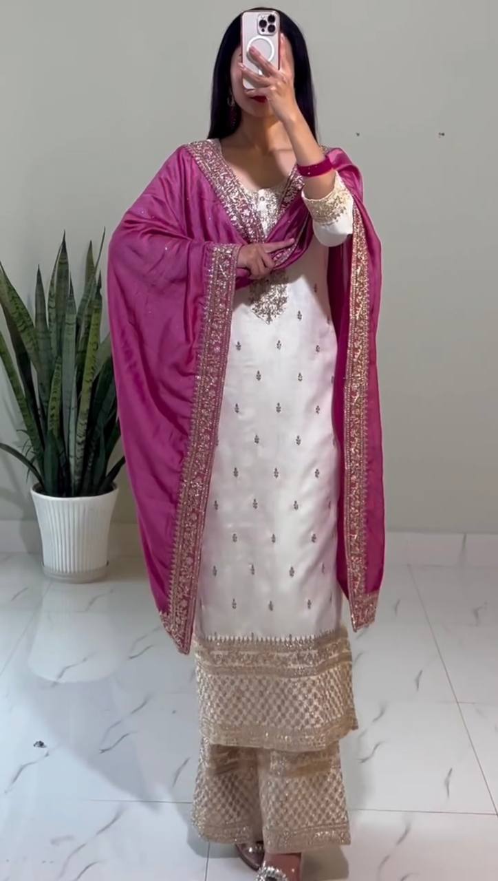 "Elegant Chinnon Silk Ensemble with Heavy Embroidery & Sequence Work"