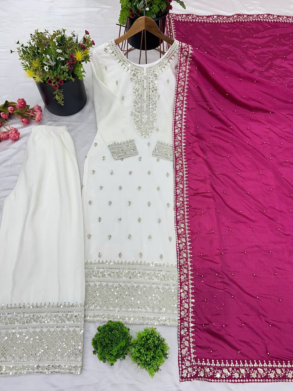 "Elegant Chinnon Silk Ensemble with Heavy Embroidery & Sequence Work"