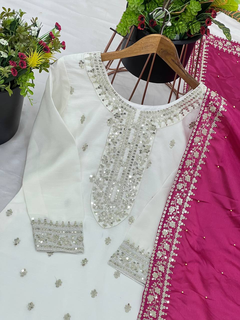"Elegant Chinnon Silk Ensemble with Heavy Embroidery & Sequence Work"