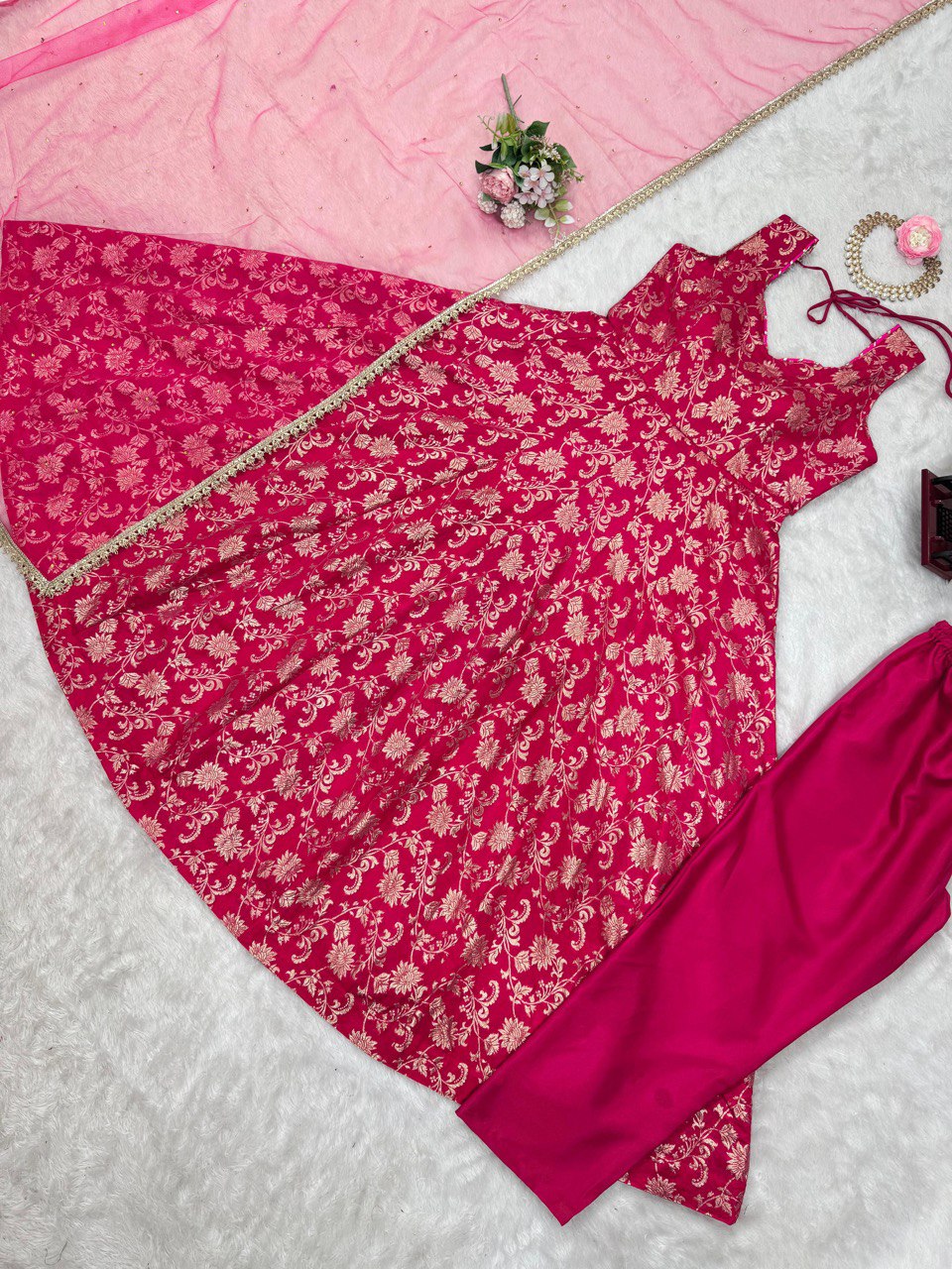 "Elegant Jacquard Silk Ensemble with Cotton Micro Pants & Soft Butterfly Net Dupatta"