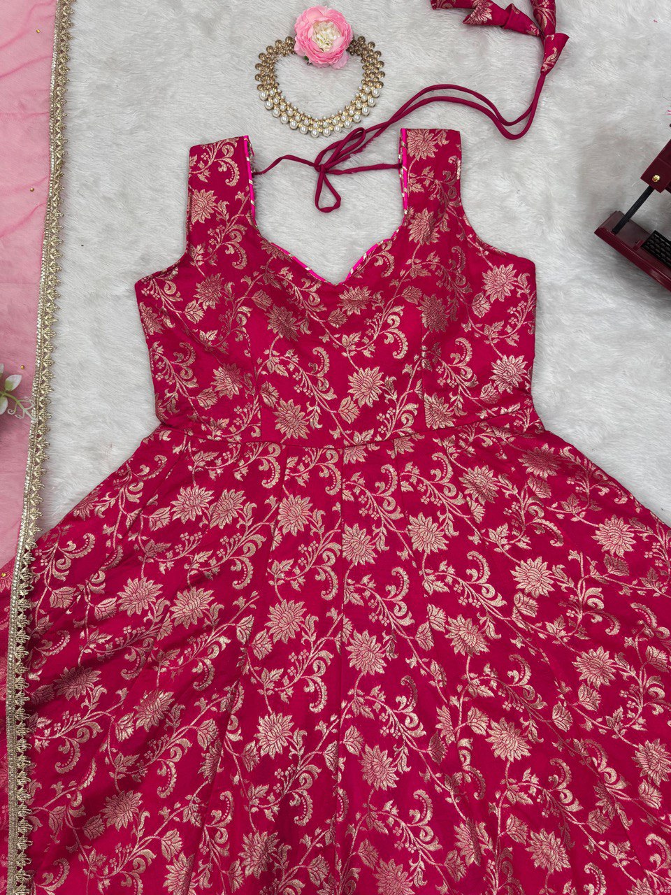 "Elegant Jacquard Silk Ensemble with Cotton Micro Pants & Soft Butterfly Net Dupatta"