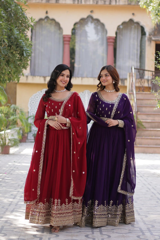 "Elegant Faux Blooming Embroidered Gown with Sequins and Designer Dupatta Set"
