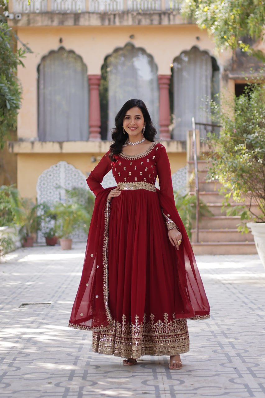 "Elegant Faux Blooming Embroidered Gown with Sequins and Designer Dupatta Set"