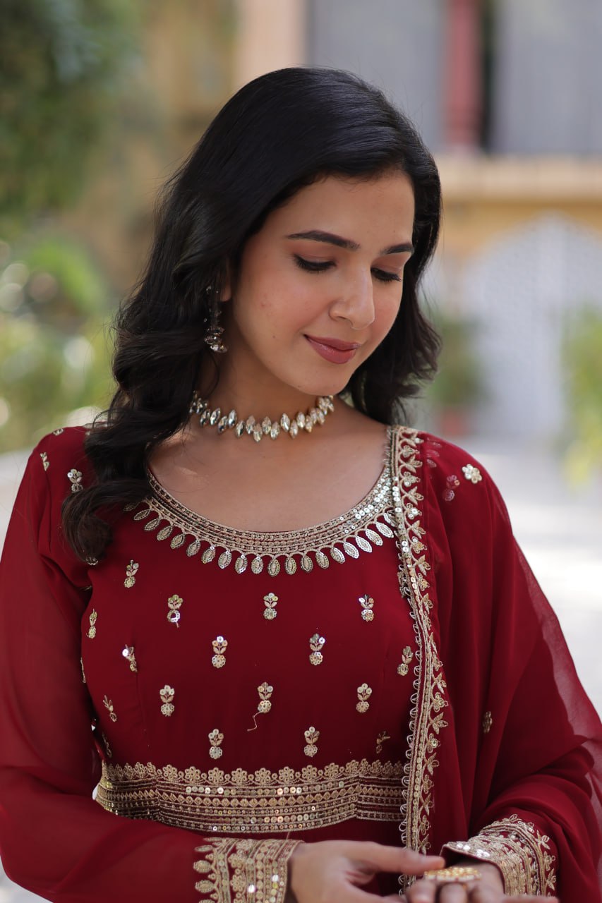 "Elegant Faux Blooming Embroidered Gown with Sequins and Designer Dupatta Set"