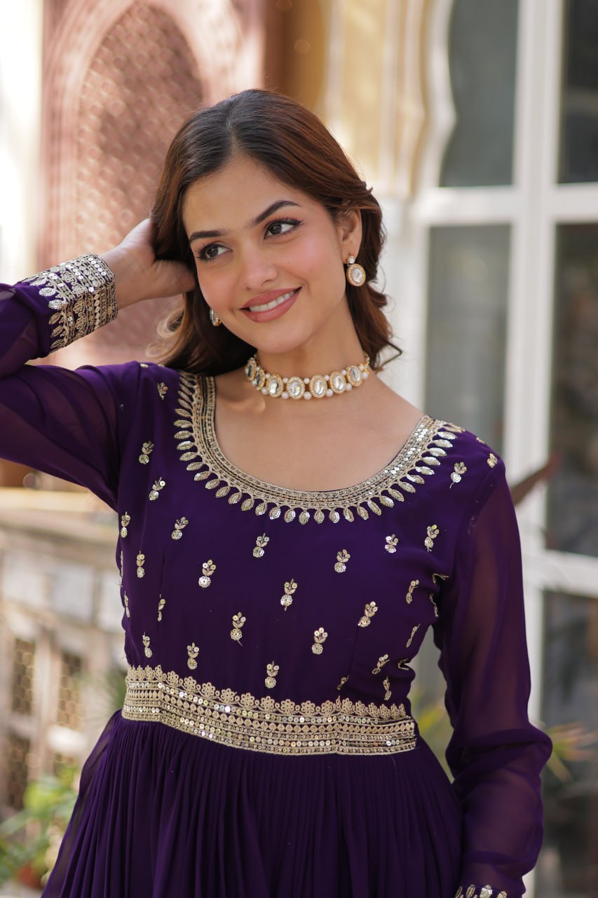 "Elegant Faux Blooming Embroidered Gown with Sequins and Designer Dupatta Set"