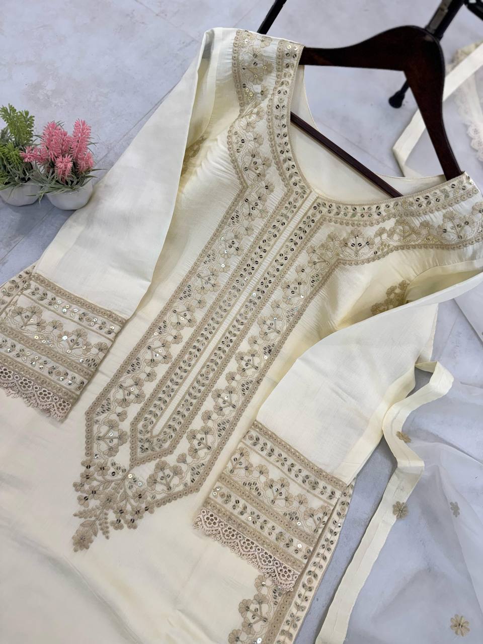 "Elegant Roman Silk Sequence Embroidered Eid Collection with Fancy GPO Lace Work"