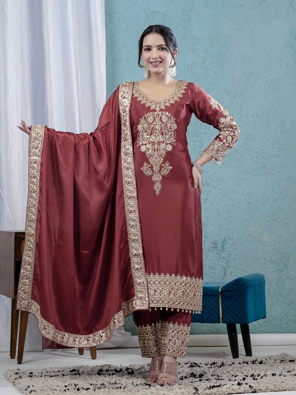 "Elegant Heavy Chinnon Silk Embroidered Suit Set with Dupatta and Pant"