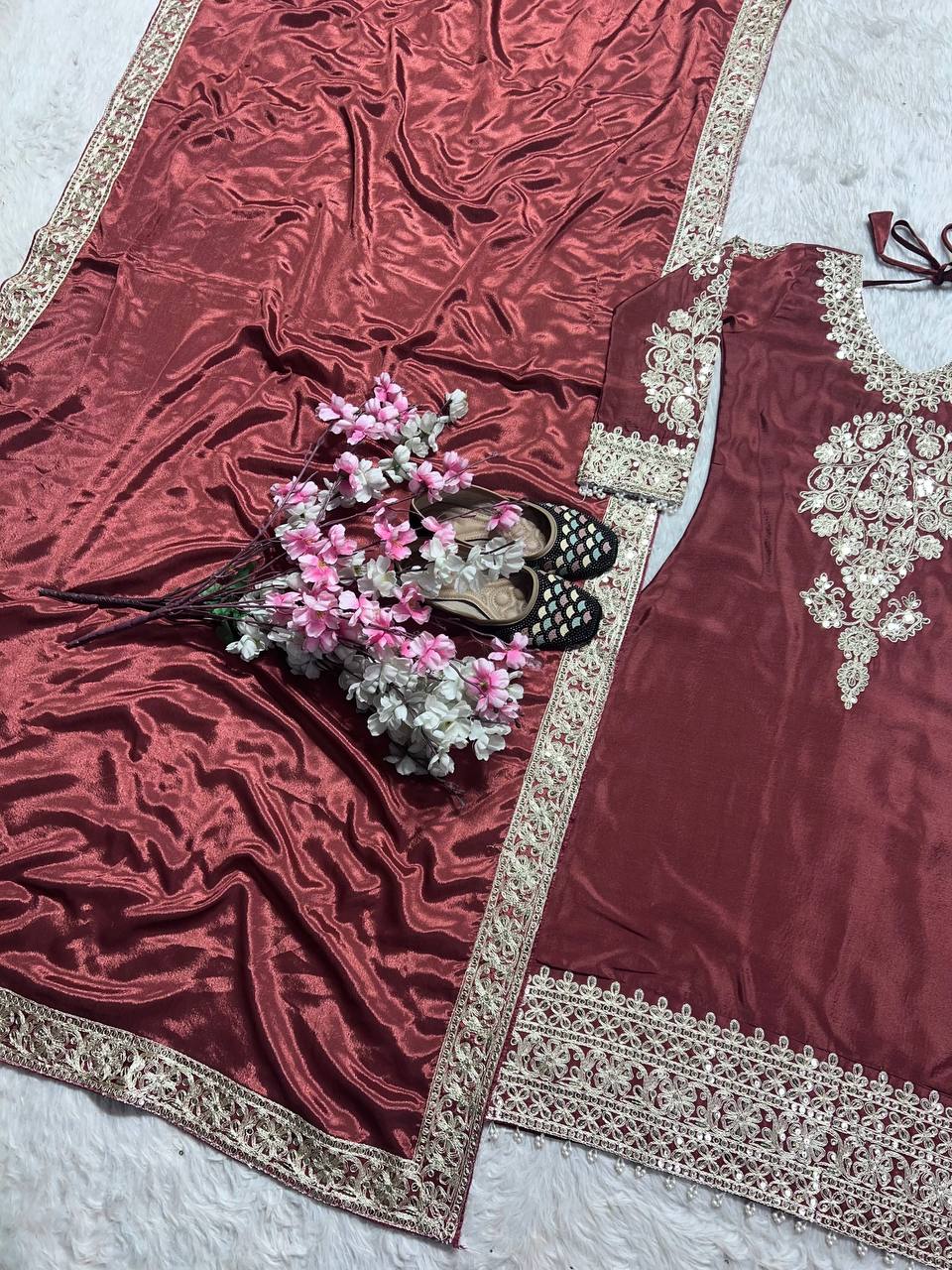 "Elegant Heavy Chinnon Silk Embroidered Suit Set with Dupatta and Pant"
