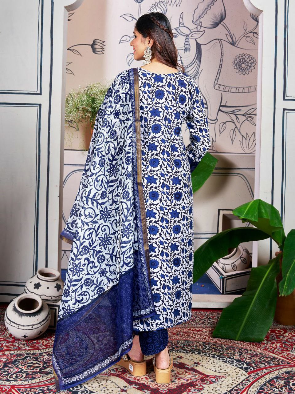 "Blue Rayon Kurti Set with Embroidery, Sequence Work, and Fancy Dupatta"