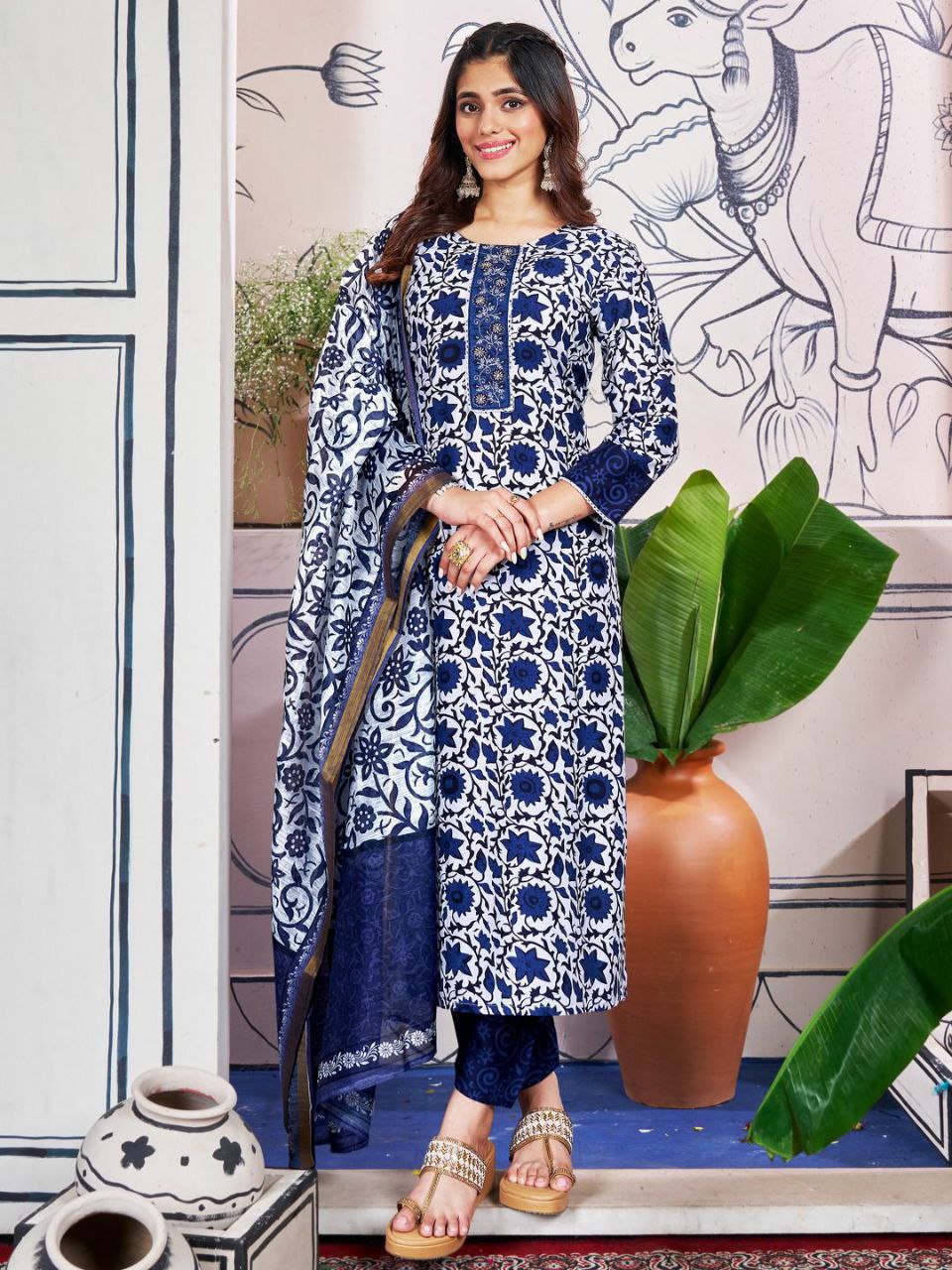 "Blue Rayon Kurti Set with Embroidery, Sequence Work, and Fancy Dupatta"