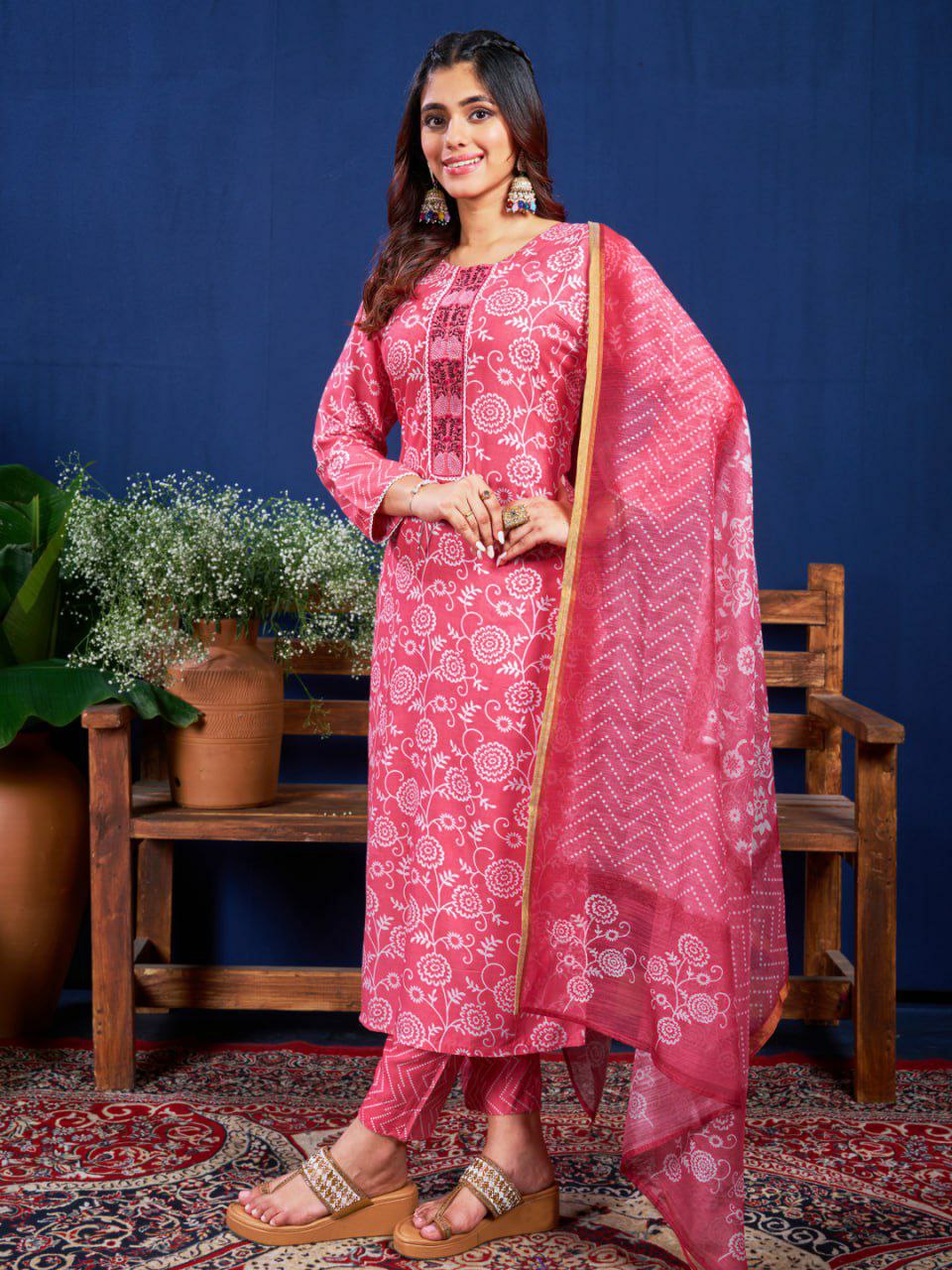 "Elegant Pink Rayon Kurti Set with Embroidery, Sequence Work, Rayon Pants, and Fancy Dupatta"