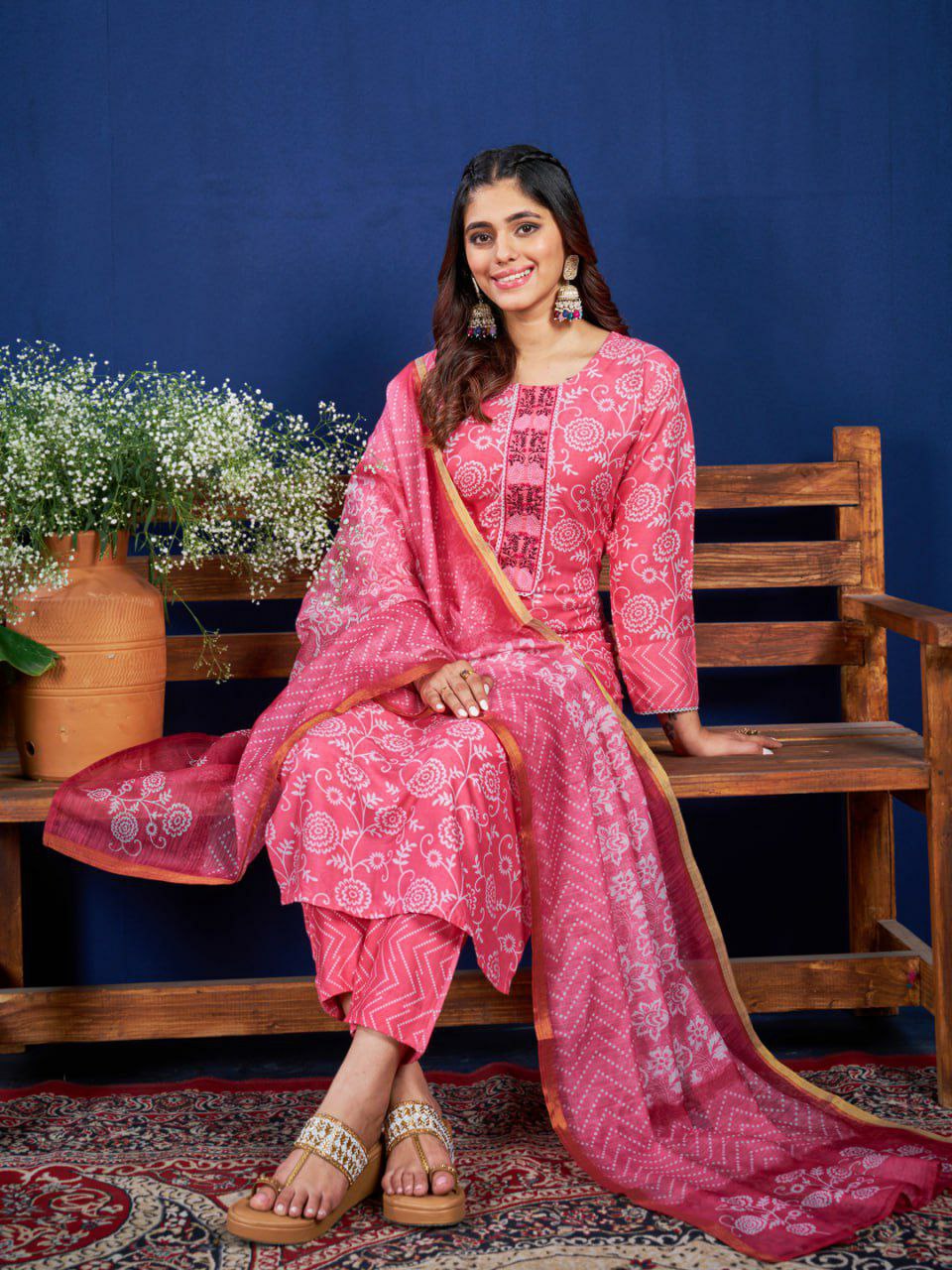 "Elegant Pink Rayon Kurti Set with Embroidery, Sequence Work, Rayon Pants, and Fancy Dupatta"