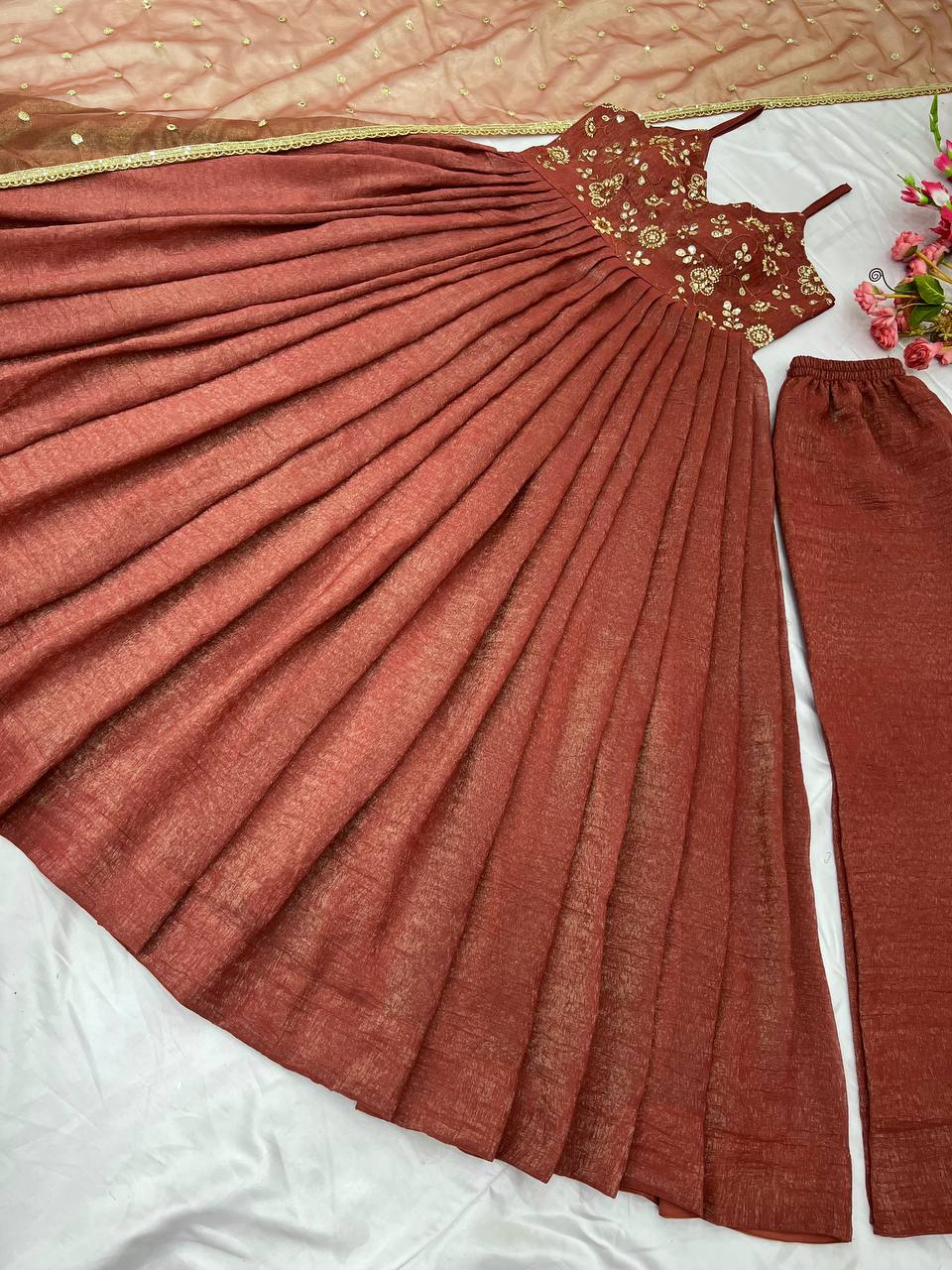 "Elegant Embroidered Fandy Silk Gown with Twill Net Dupatta"