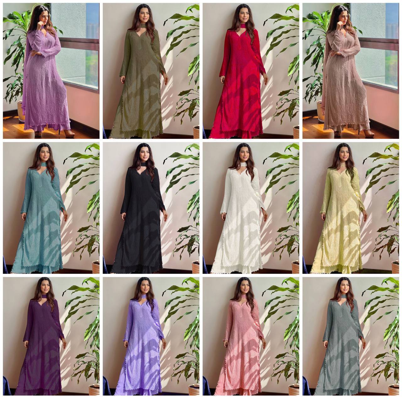 "Elegant Faux Georgette Set with Embroidery and GPO Lace Work"