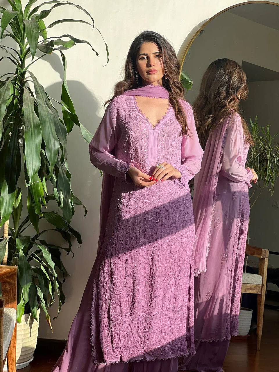 "Elegant Faux Georgette Set with Embroidery and GPO Lace Work"