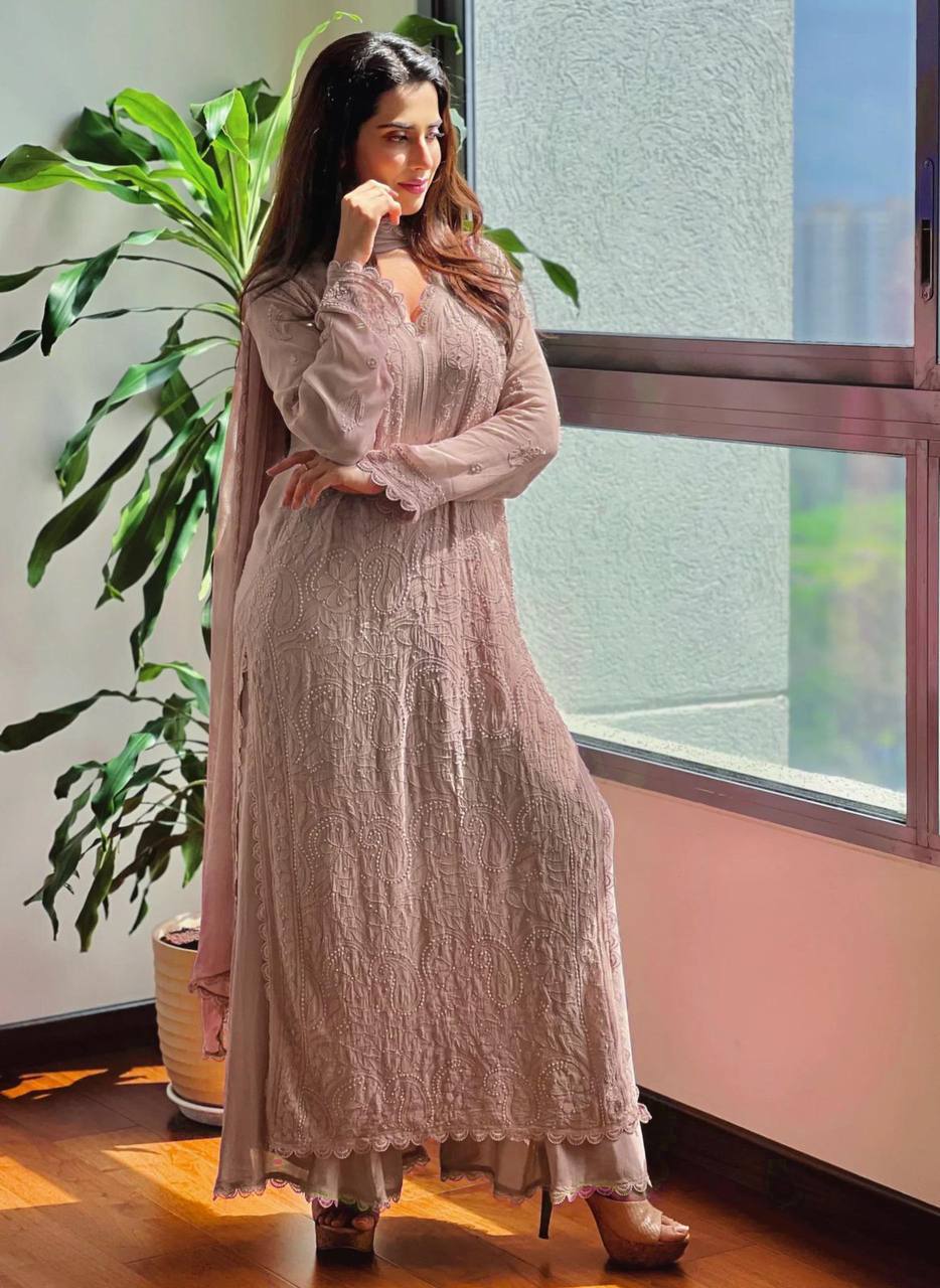 "Elegant Faux Georgette Set with Embroidery and GPO Lace Work"