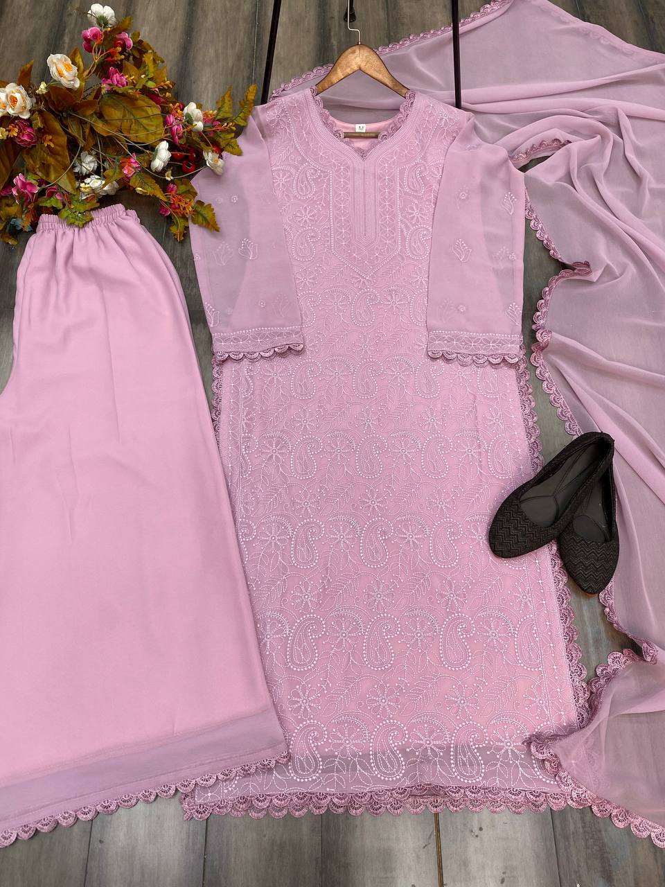 "Elegant Faux Georgette Set with Embroidery and GPO Lace Work"