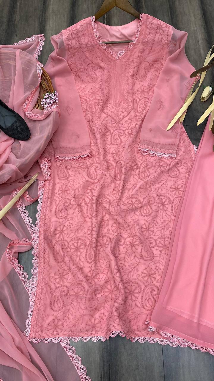 "Elegant Faux Georgette Set with Embroidery and GPO Lace Work"