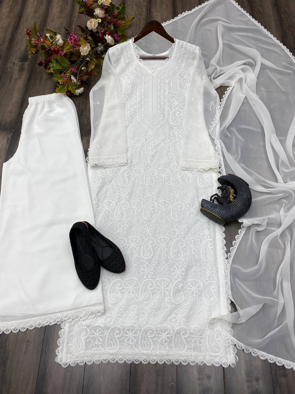 "Elegant Faux Georgette Set with Embroidery and GPO Lace Work"