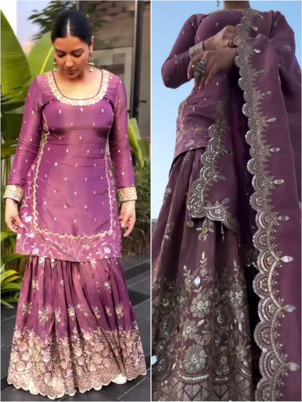 "Elegant Embroidered Twill Net Top, Plazzo & Dupatta Set with Sequence Work"