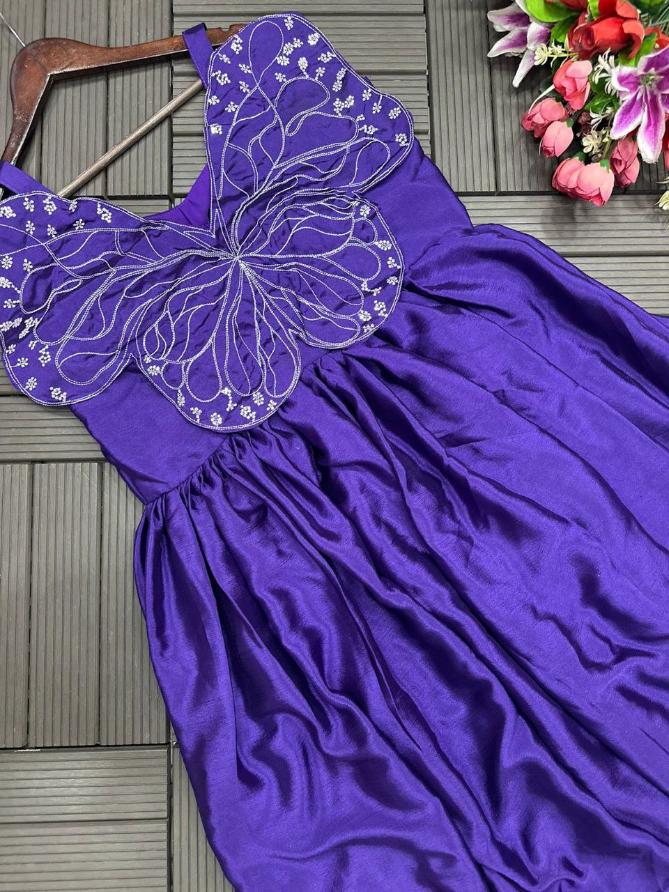 "Elegant Chinon Silk Designer Gown with Butterfly Sleeves"