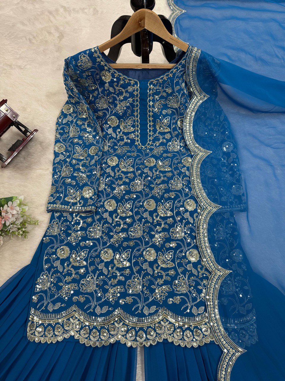 "Embroidered Glamour: Faux Georgette Sharara Set"
