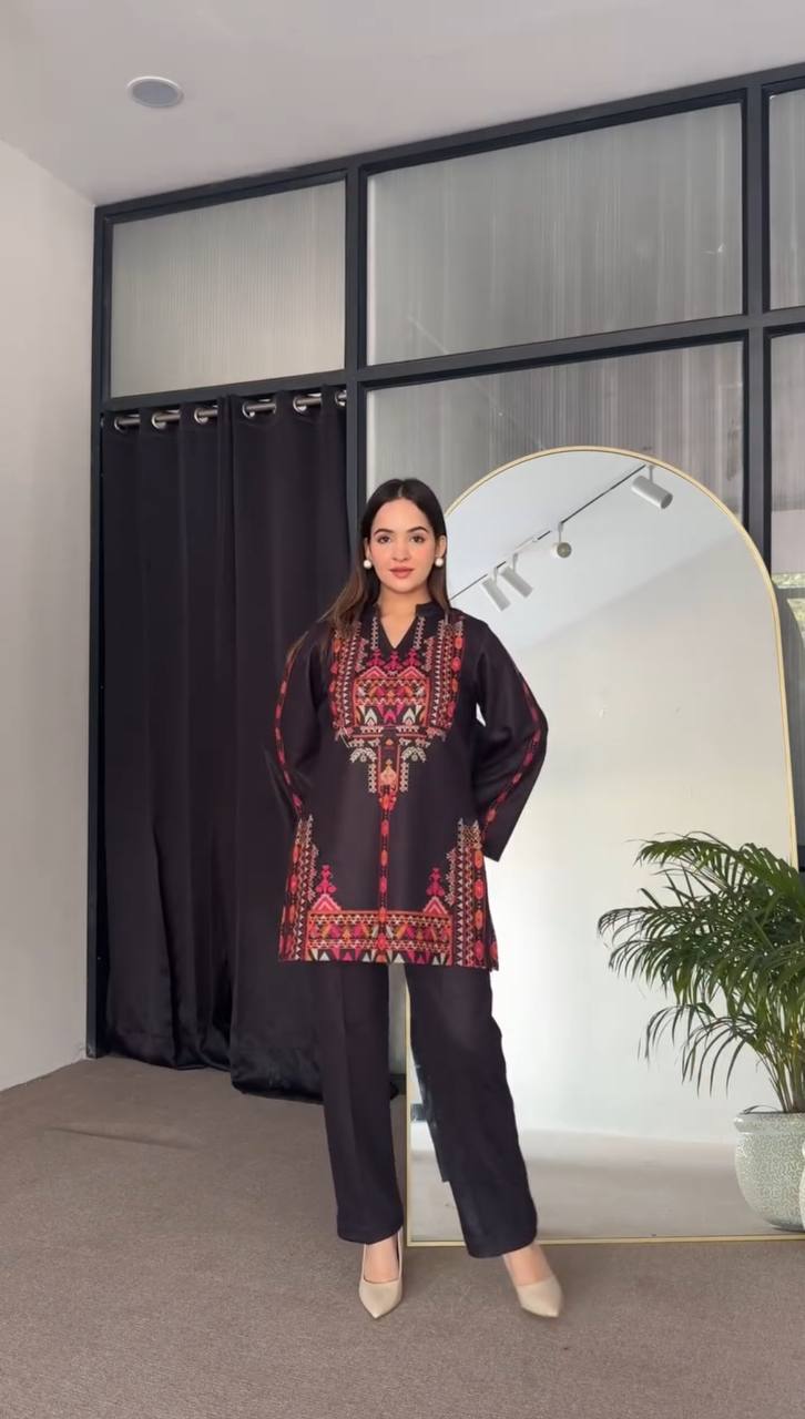 "Elegant Crepe Silk Shirt and Pant Set with Printed Work – Available in Multiple Sizes"