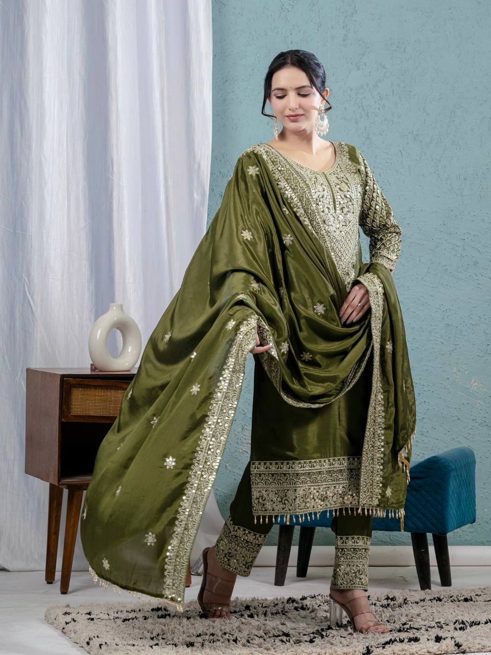"Elegant Pure Chinnon Silk Ensemble with Heavy Embroidery and Sequins"