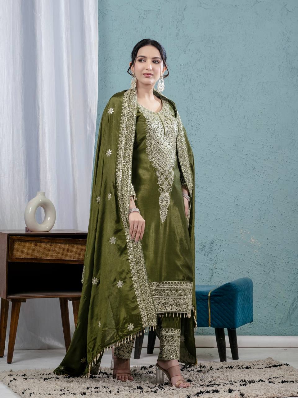 "Elegant Pure Chinnon Silk Ensemble with Heavy Embroidery and Sequins"