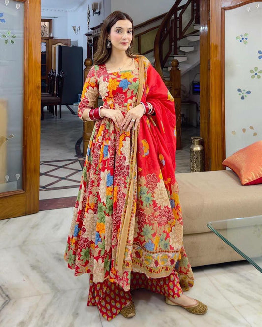 "Bright Red Floral Cotton & Chanderi Dress for All Occasions"