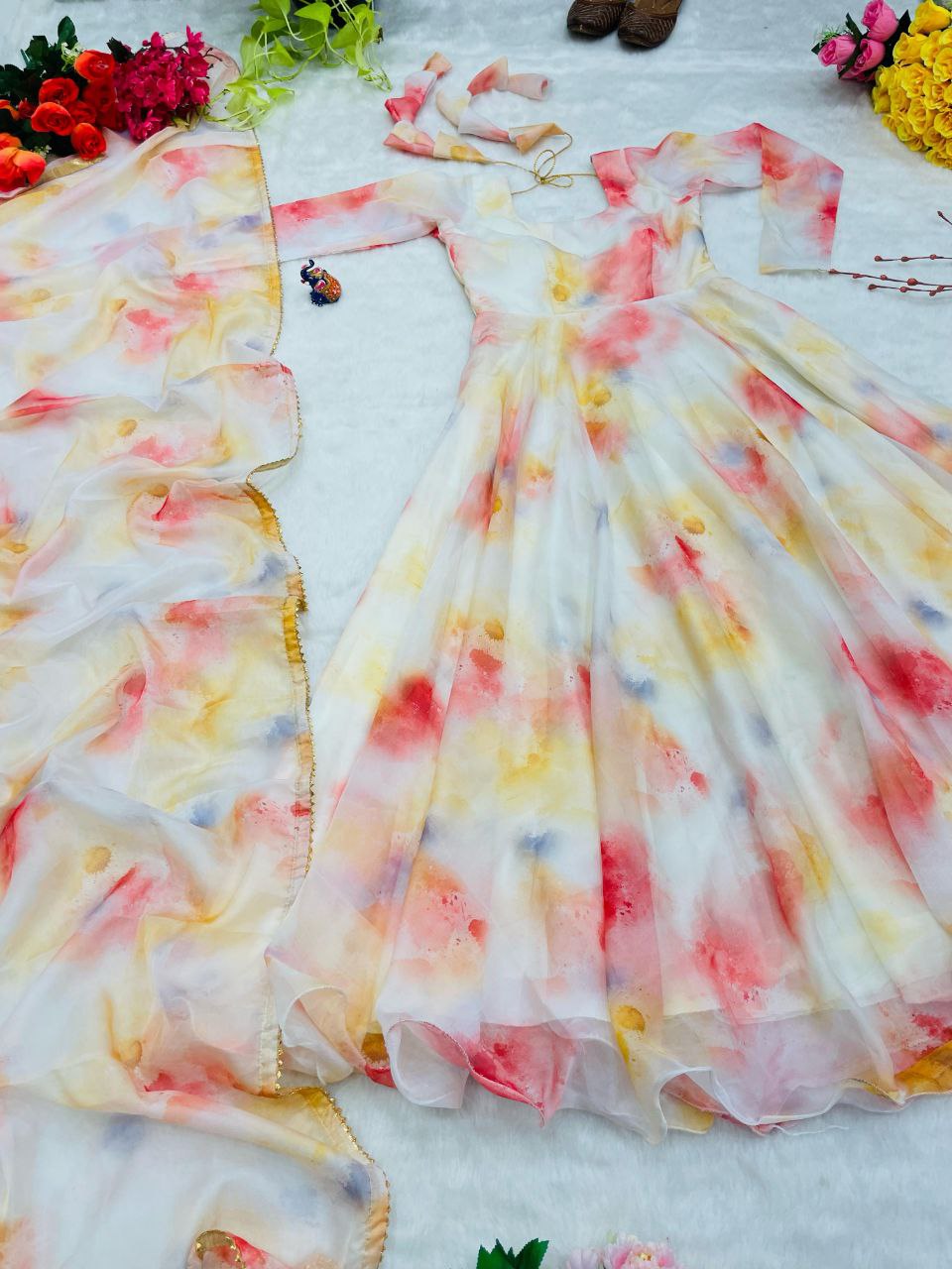 "Elegant Organza Taby Silk Gown with Digital Print & Handwork, 8 Meter Flair, and Embellished Dupatta"