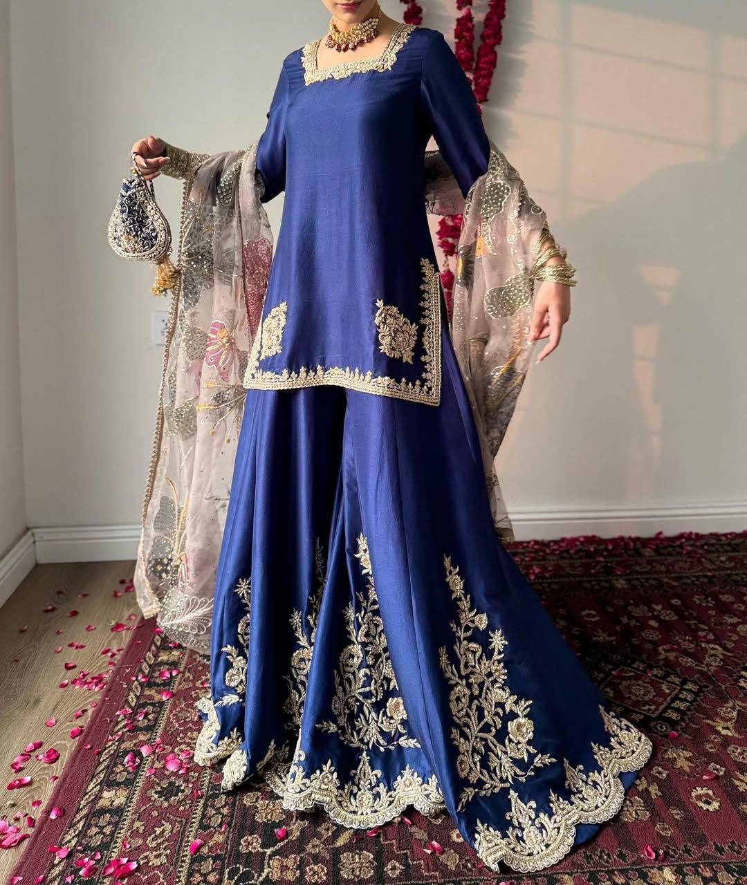 "Elegant Chinon Sequence Embroidered Suit with Full Flare Gharara & Organza Dupatta"