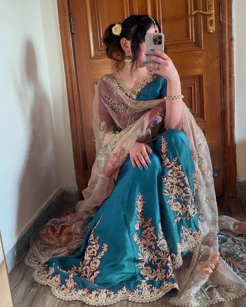 "Elegant Chinon Sequence Embroidered Suit with Full Flare Gharara & Organza Dupatta"