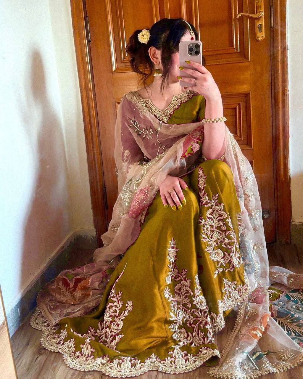 "Elegant Chinon Sequence Embroidered Suit with Full Flare Gharara & Organza Dupatta"