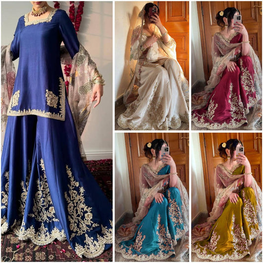 "Elegant Chinon Sequence Embroidered Suit with Full Flare Gharara & Organza Dupatta"