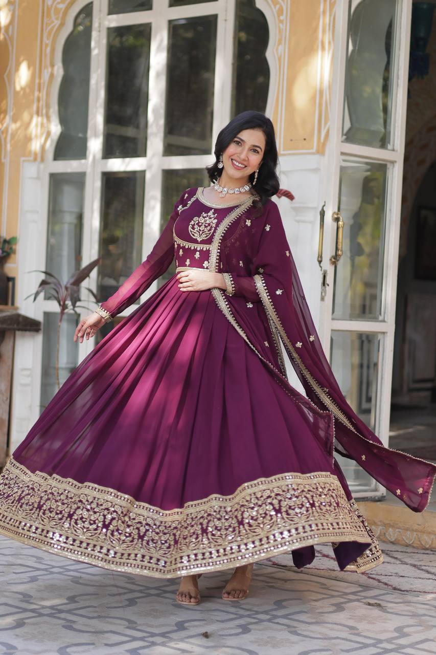 "Elegance Redefined: Faux Blooming Georgette Gown with Embroidered Dupatta"