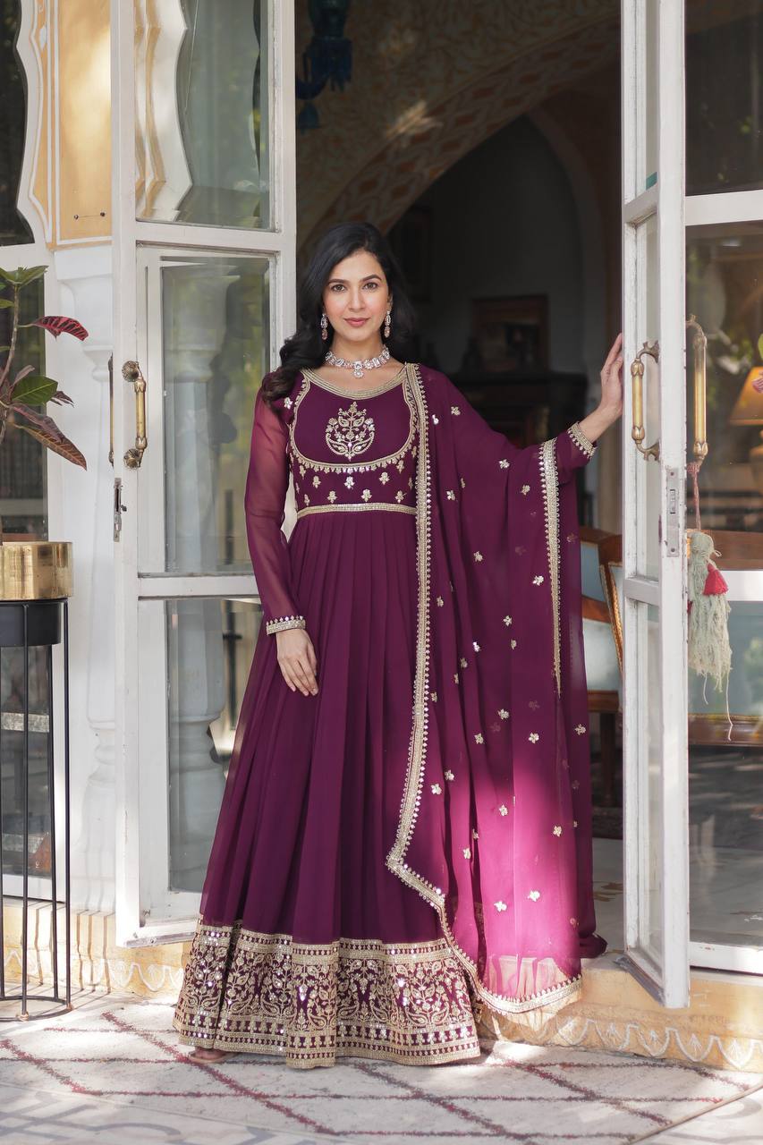 "Elegance Redefined: Faux Blooming Georgette Gown with Embroidered Dupatta"