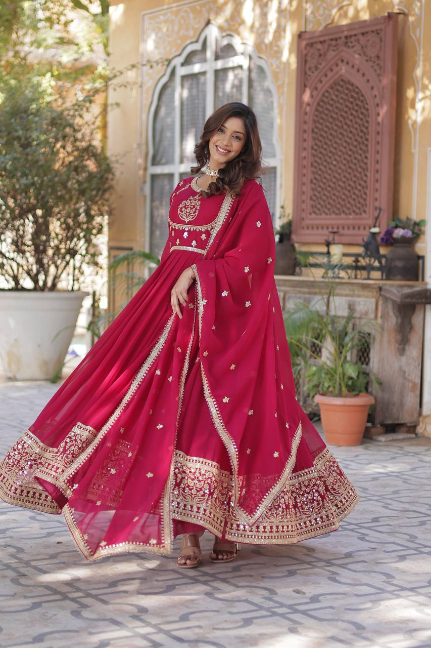 "Elegance Redefined: Faux Blooming Georgette Gown with Embroidered Dupatta"