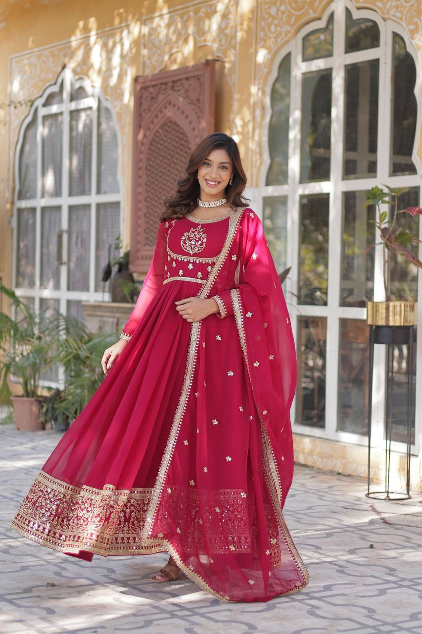 "Elegance Redefined: Faux Blooming Georgette Gown with Embroidered Dupatta"