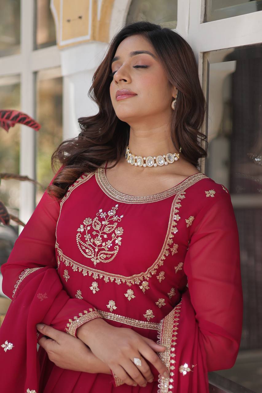 "Elegance Redefined: Faux Blooming Georgette Gown with Embroidered Dupatta"