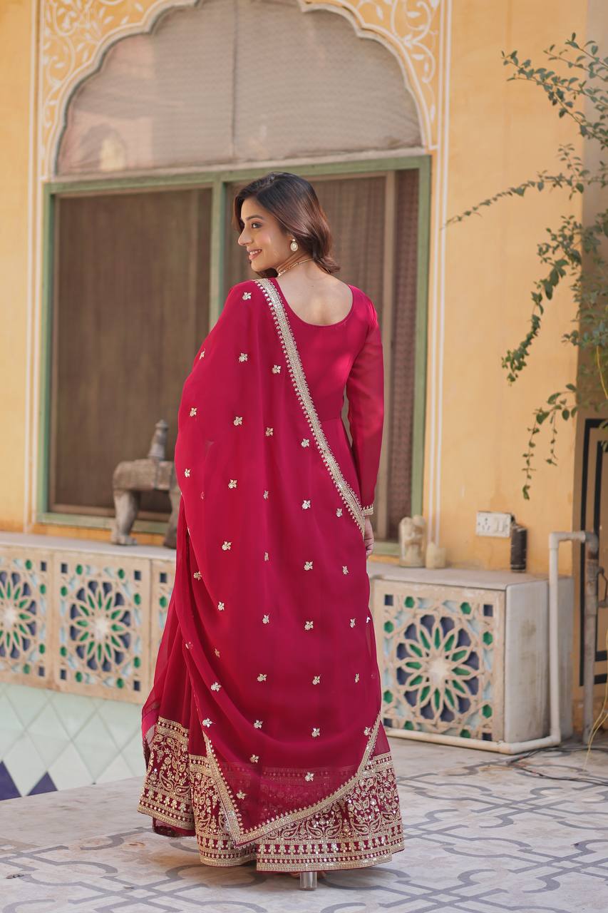 "Elegance Redefined: Faux Blooming Georgette Gown with Embroidered Dupatta"