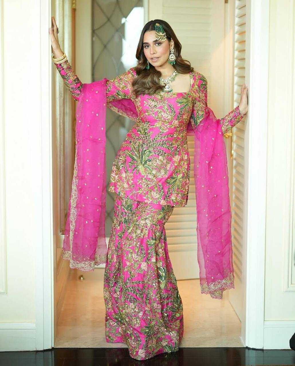 "Elegant Chinon Suit with Sequence Embroidery and Sharara Set"